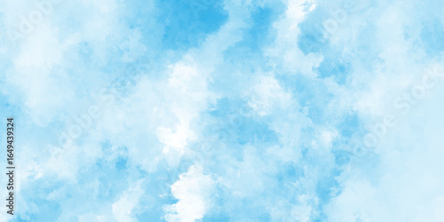 Blue pastel sky with white fluffy cloud cumulus clouds background, colorful bright ink blue and white watercolor texture, hand painted abstract soft sky blue watercolor sky and clouds.