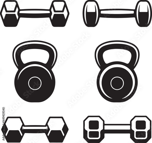 Collection of black and white fitness equipment icons on white background dumbbell weight