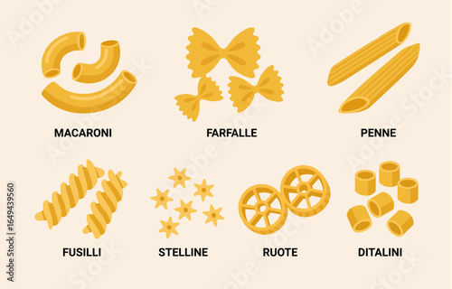 Vector Italian pasta food macaroni design set. Italian pasta type cartoon different shape isolated icon