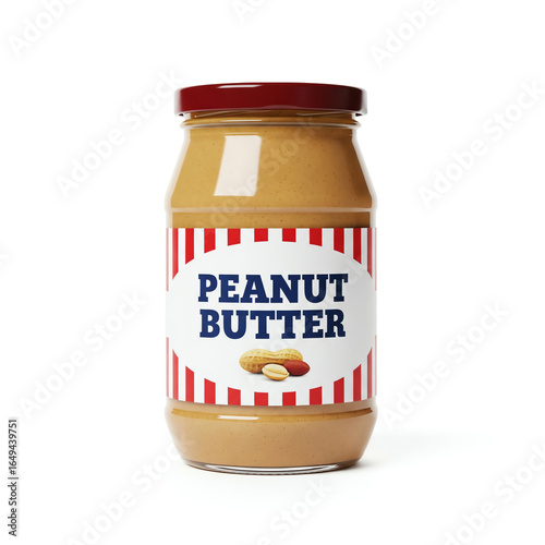 glass jar with red and white  peanut butter isolated on white background