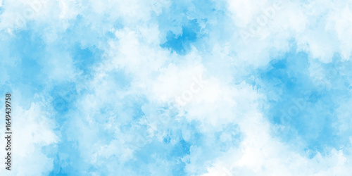 Blue pastel sky with white fluffy cloud cumulus clouds background, colorful bright ink blue and white watercolor texture, hand painted abstract soft sky blue watercolor sky and clouds.
