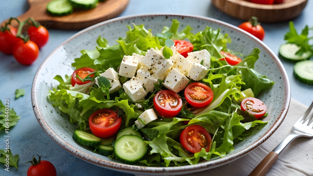 A fresh feta salad with tomatoes, cucumbers and lettuce on a blue table A fresh feta salad with tomatoes, cucumbers and lettuce on a blue table