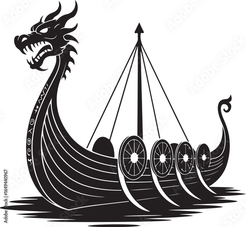Majestic Viking longship with dragon prow sails sea