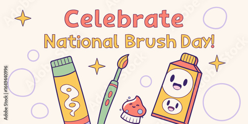Celebrate National Brush Day art illustration banner with cute cartoon characters
