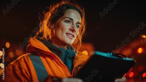 Smiling Woman in Orange Jacket Holding Clipboard at Night with Blurred City Lights in Background, Outdoor Scene
