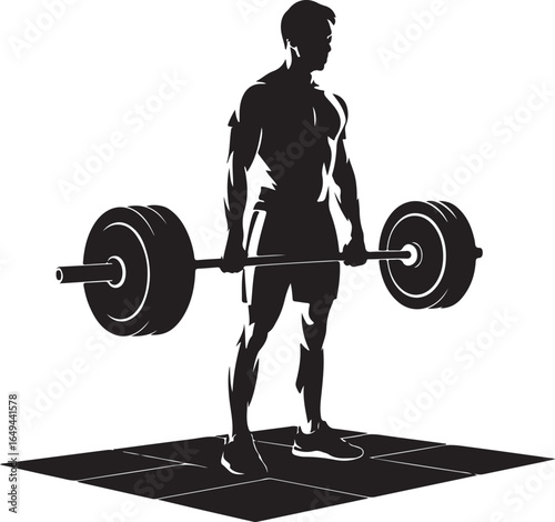 Silhouette of a muscular man holding a heavy barbell on a tiled floor male fitness