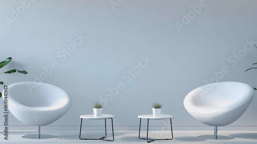 Modern Minimalist Interior with White Chairs, Small Tables, and Green Plants Creating Serene Atmosphere