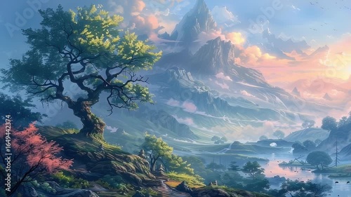 Majestic Tree on Hill Overlooking Serene Valley with Mountains and Vibrant Sky in Fantasy Landscape