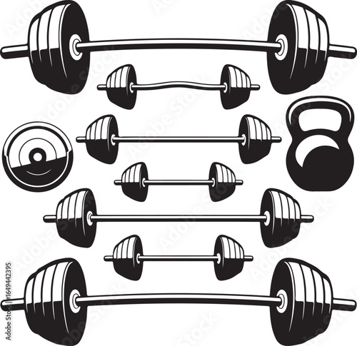 Collection of weightlifting equipment in black and white fitness workout