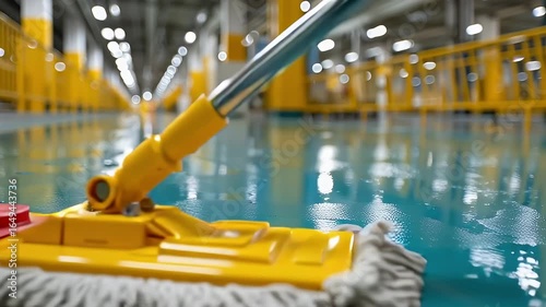 Yellow Mop Cleaning Shiny Blue Industrial Floor in Large Warehouse Setting with Bright Lights and Sense of Cleanliness