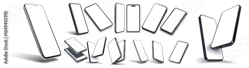 Multiple sleek smartphones in various angles and orientations with empty white screens, ideal for mockups, app presentations, and digital design projects. Vector illustration