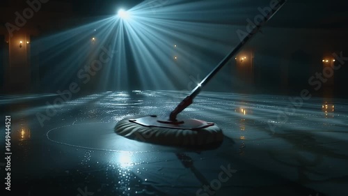 Dramatic Lighting and Cinematic Atmosphere Mop Cleaning Wet Floor with Water