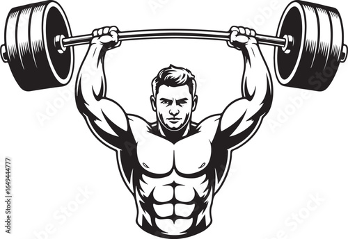 Black and white illustration of a muscular man lifting a barbell overhead male bodybuilder
