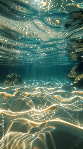 Mesmerizing Underwater View Sunlight Patterns Dance on Serene Sandy Ocean Floor