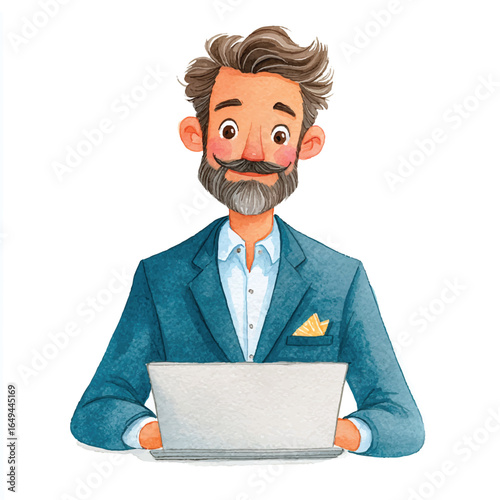Watercolor Illustration of a Smiling Man with Laptop and Teal Blazer