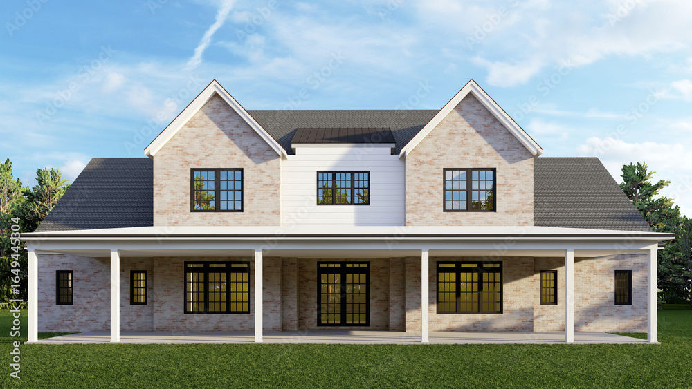 3D Render of a Modern Two-Story House Exterior with Large Covered Porch, Brick Walls, and Black-Framed Windows – Architectural Visualization and Real Estate CGI 3D Render of a Modern Two-Story House Exterior with Large Covered Porch, Brick Walls, and Black-Framed Windows – Architectural Visualization and Real Estate CGI
