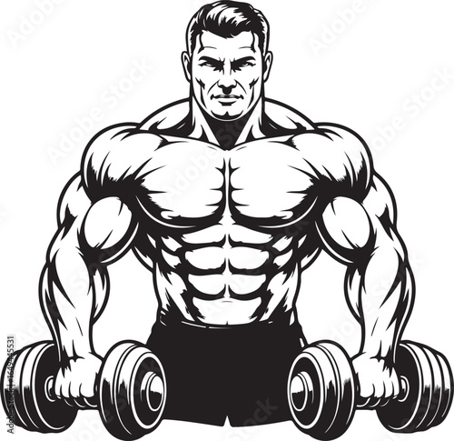 Muscular bodybuilder man with dumbbells in black and white illustration male fitness
