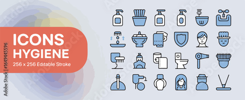 A set of hygiene-themed icons in a modern line art style, displayed on a light gray background.