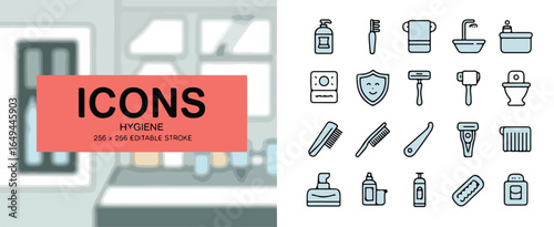 A set of hygiene-themed icons in a modern line art style, displayed on a light gray background.