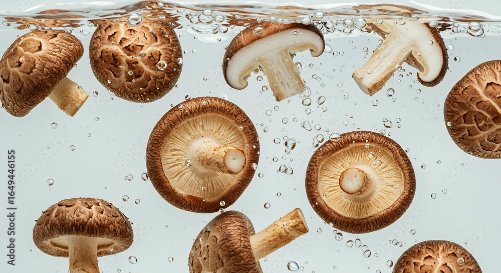 Fototapeta premium Mixed portobello and shiitake mushrooms with exposed gills submerged in clear water with bubbles for culinary stock images