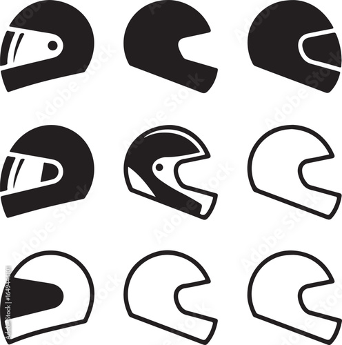 Assortment of motorcycle and racing helmets in black and outline styles sport protection