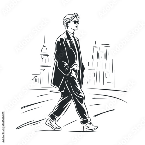 Stylish young caucasian male strolling in cityscape sketch wearing sunglasses