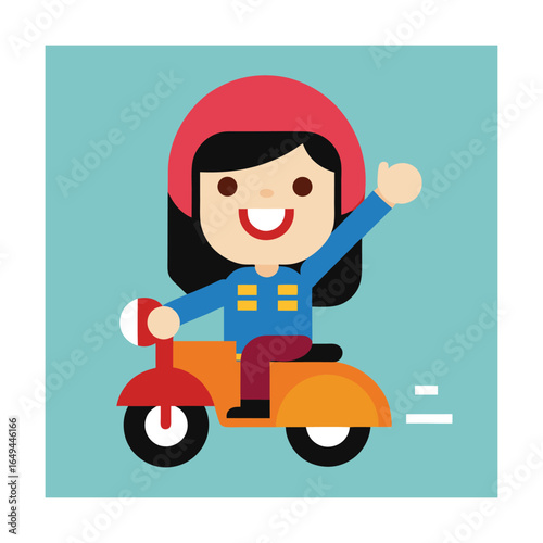Cheerful Biker Girl Waving on Small Motorcycle Vector