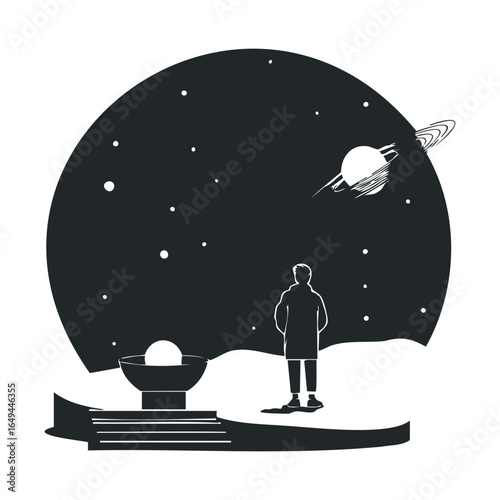 Silhouette of person stargazing at night with planet in sky