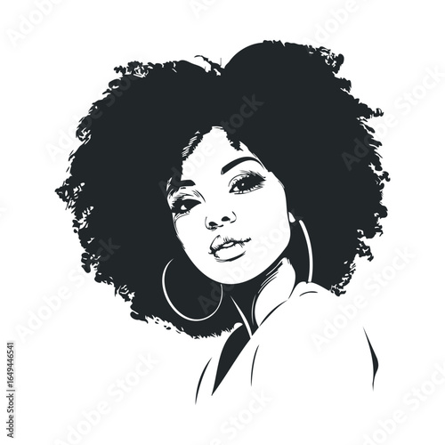 Stylish african female portrait illustration with curly hair and hoop earrings