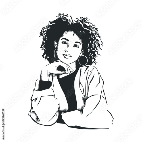 Illustration of thoughtful young african female with curly hair and hoop earrings