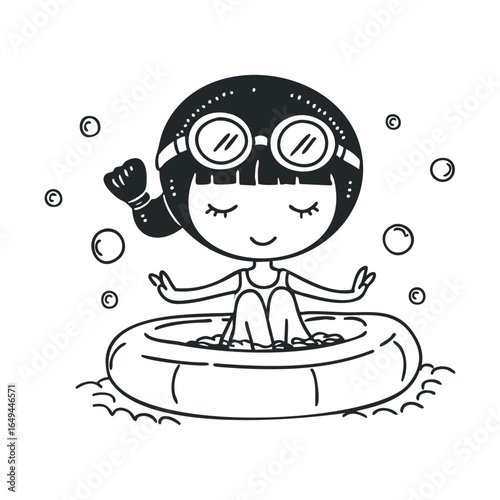 Playful asian female child meditating in inflatable pool drawing