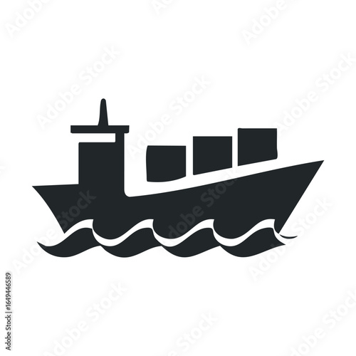 Cargo ship icon with waves and containers in black silhouette