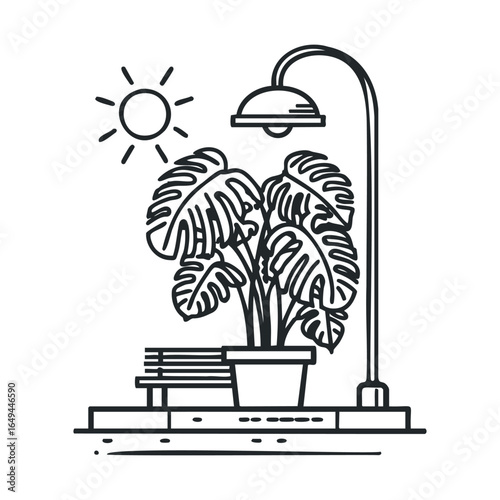 Urban park scene with potted plant, bench, and streetlight in line art style
