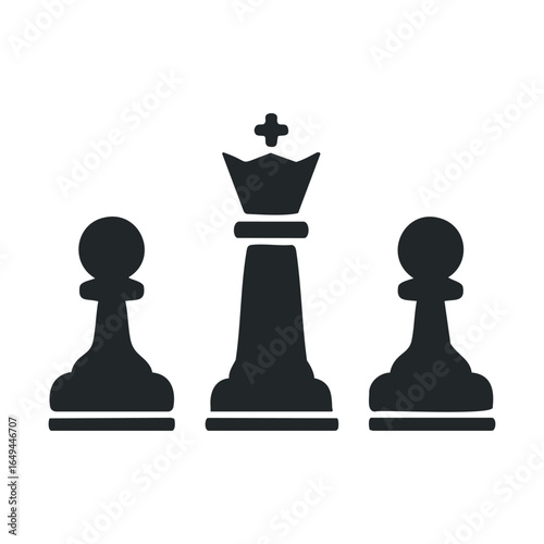 Monochrome chess pieces silhouette: king and pawns on white background