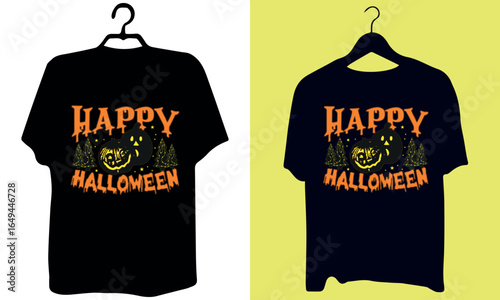 Happy Halloween T-Shirts: A seasonal illustration, presenting two unique t-shirt designs tailored for the festive celebration of Halloween.