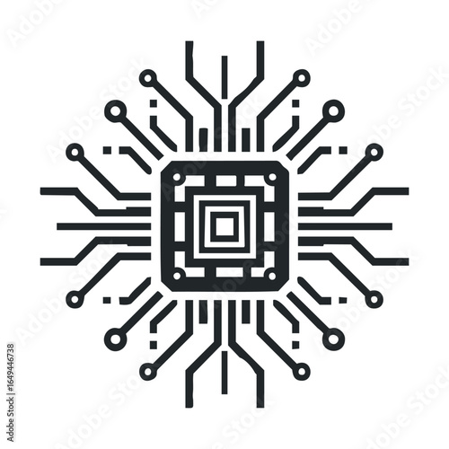 Black and white circuit board design with microchip and branching lines
