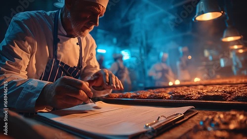 Focused Chef in Bustling Kitchen Reviews Clipboard Under Warm Lighting, Surrounded by Sizzling Dishes and Dynamic Atmosphere