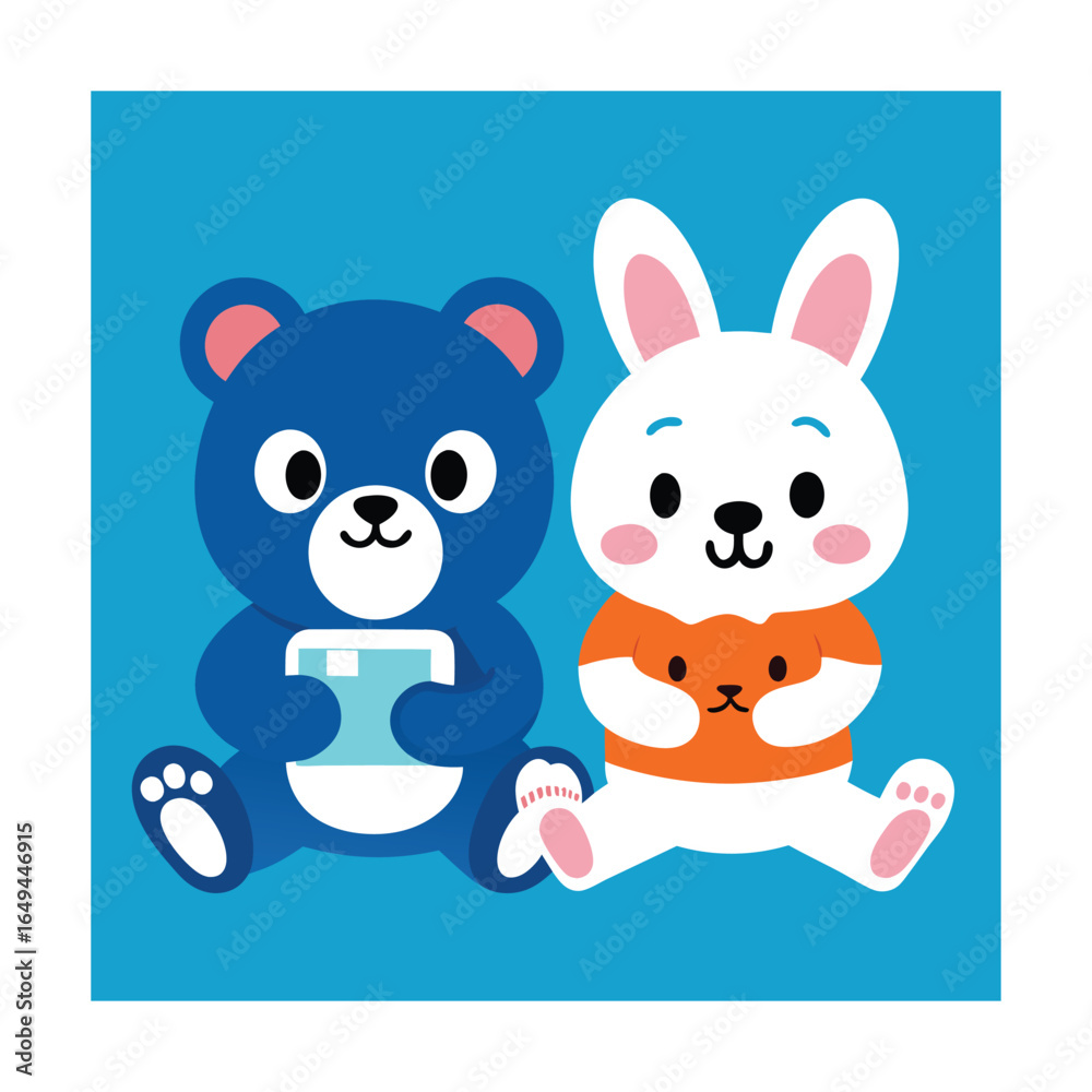 Fototapeta premium Cute Bear Cub and Bunny Playing Multiplayer Game Together