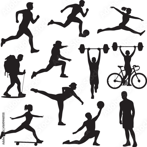 Collection of diverse sports and fitness activity silhouettes on white running soccer