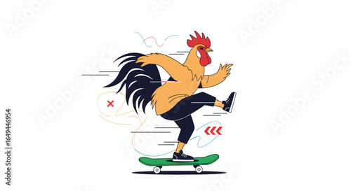 A stylized rooster gracefully rides a skateboard with energetic motion blur and abstract graphic elements creating a dynamic visual presentation