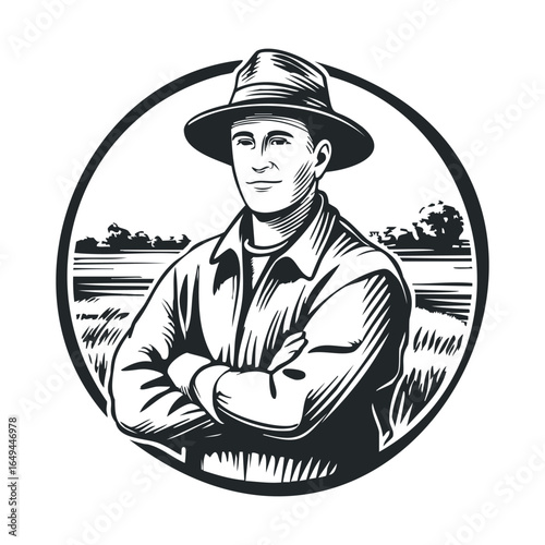 Illustration of a caucasian male farmer in hat with arms crossed in field setting