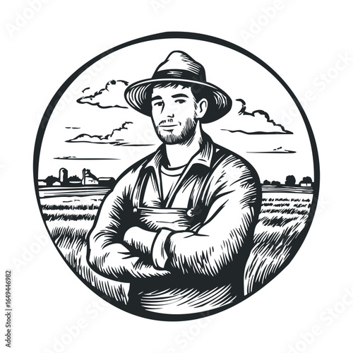 Black and white illustration of a caucasian male farmer in rural landscape