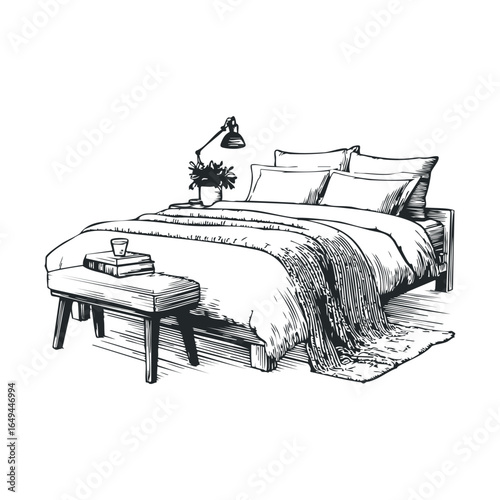 Cozy bedroom sketch with bed, pillows, blanket, nightstand, and lamp in black and white