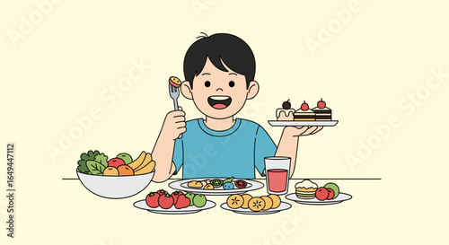 A young boy enjoys a delicious meal filled with fruits vegetables and sweet desserts on a festive occasion