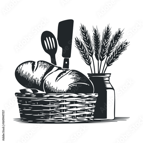 Rustic bread and utensils with wheat in basket - black and white vintage art