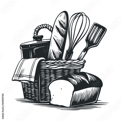 Rustic bread and baking tools in woven basket illustration