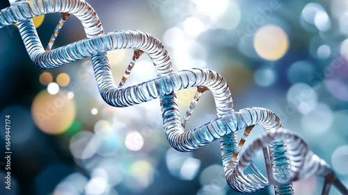A close-up of a DNA double helix structure against a blurred background.