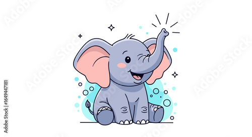 A cute cartoon baby elephant sitting playfully winking raising its trunk showing its happy mood