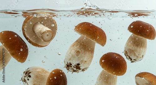 Fototapeta Naklejka Na Ścianę i Meble -  Fresh porcini mushrooms falling into clear water with bubbles and splash, underwater food photography with brown caps and white stems