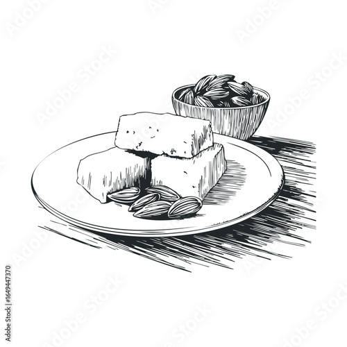 Hand-drawn almond halva with almonds on plate and bowl